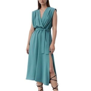 ZARA Dress Green Slit Midi Pleated Sleeveless Beachy Boho Party Sz S 4/6 No Belt